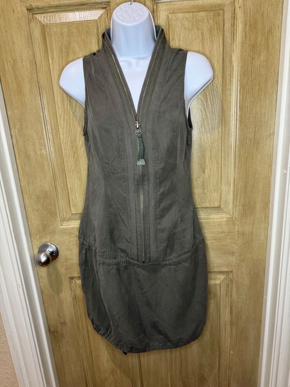 Monoreno Boho Grunge Lagenlook Utility Dress Army Green Zip Small S